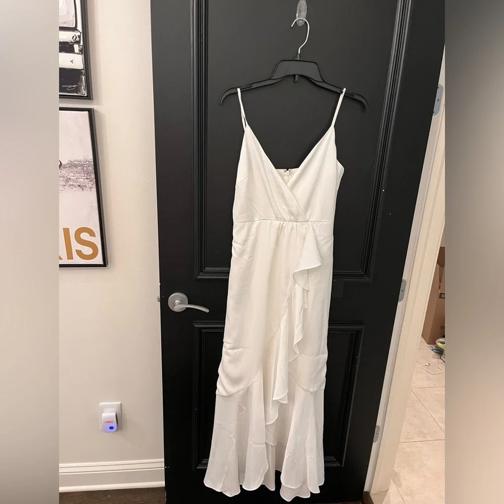 Enchanted Moments White Satin Ruffled High-Low Dress - Picture 4 of 5